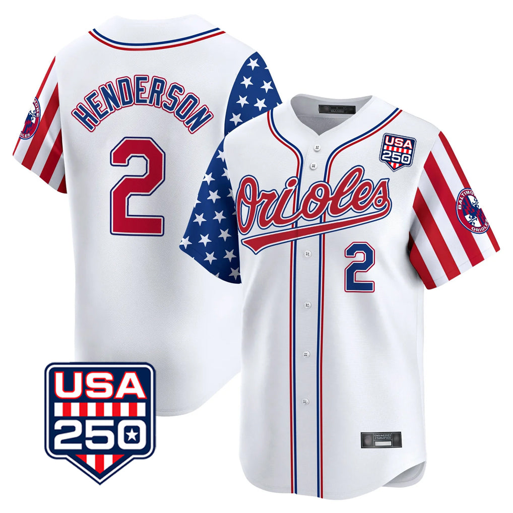 Baltimore Orioles #2 Gunnar Henderson Player White CONTON USA 250 Independence Day Vapor Premier Home Game Stitched Jerseys