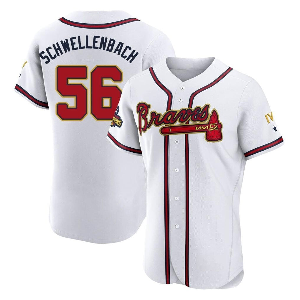 Atlanta Braves #56 Spencer Schwellenbach Player White Gold CONTON Limited Elite Home Game Stitched Jerseys