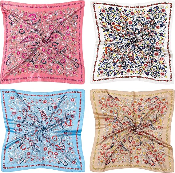 4PCS Head Scarf for Women 35” Silk Feel Hair Scarf | Satin Neck Scarfs, Square Bandana Hair Wraps, Head Scarves for Sleeping, Travel, Hair Protection, Daily Wear