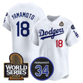 Los Angeles Dodgers #18 Yoshinobu Yamamoto White CONTON 2024 World Series With Fernando Memorial Patch Limited Stitched Jersey