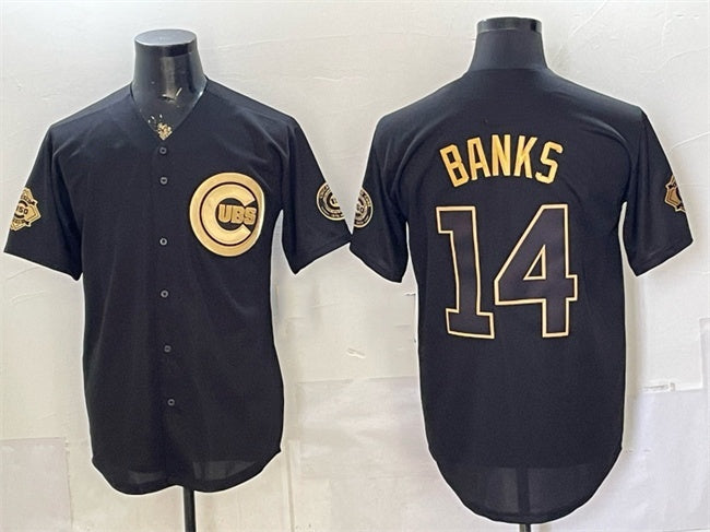 Chicago Cubs #14 Ernie Banks Black Gold CONTON 150th Anniversary Patch Stitched Jersey