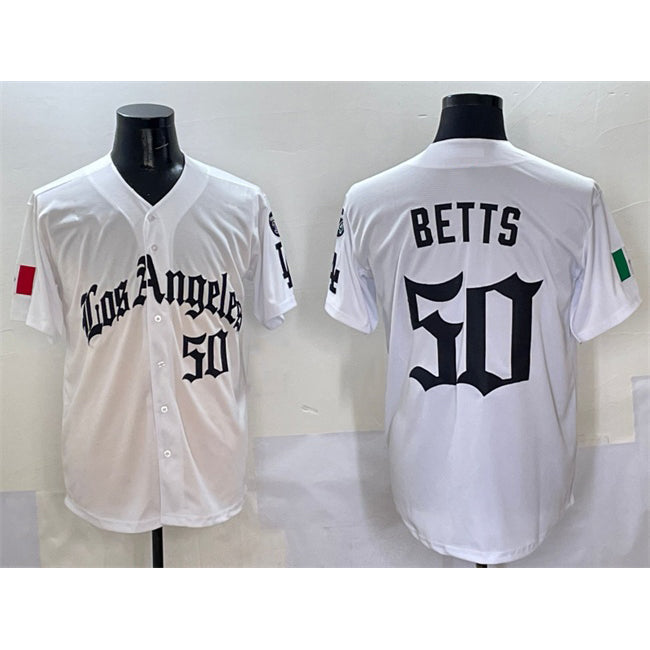 Los Angeles Dodgers #50 Mookie Betts White CONTON Mexico 2025 LA Gothic Style With Fernando Patch Vapor Premier Limited Stitched Jersey