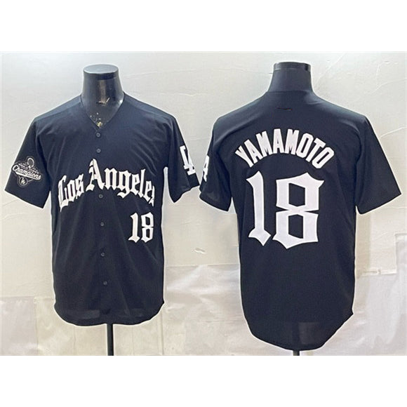 Los Angeles Dodgers #18 Yoshinobu Yamamoto Black CONTON LA Gothic Style With 2025 World Series Champions Patch Limited Stitched Jersey