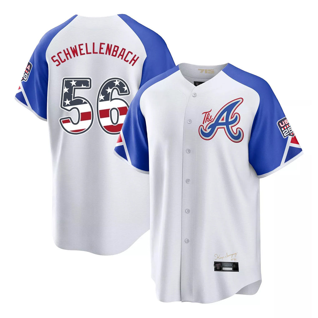 Atlanta Braves #56 Spencer Schwellenbach Player White CONTON USA 250 Fourth Of July City Connect Home Game Stitched Jerseys