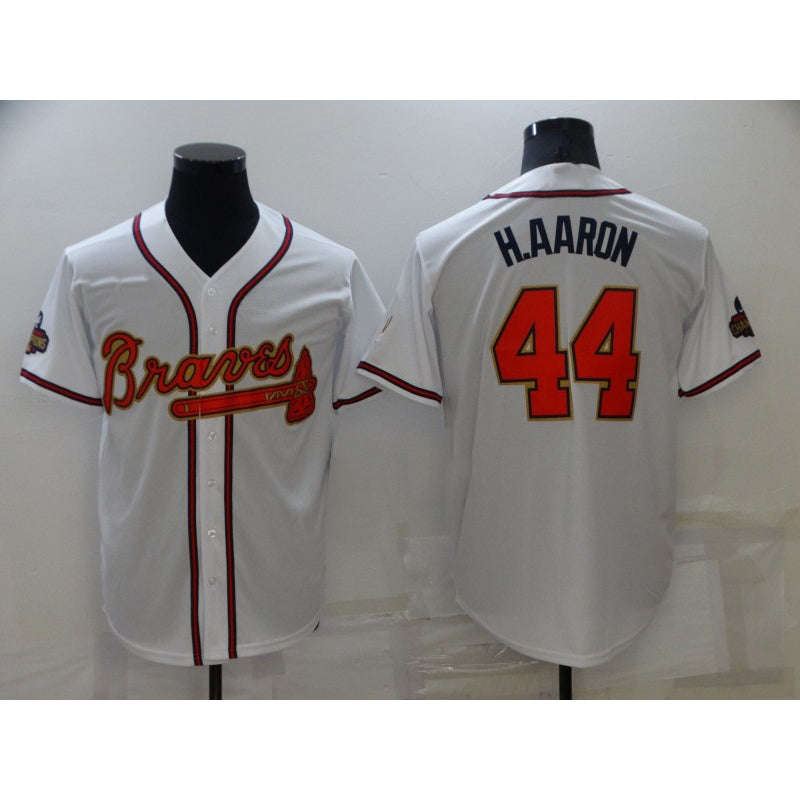 Atlanta Braves #44 Hank Aaron 2022 White Gold CONTON World Series Champions Program Cool Base Stitched Jersey