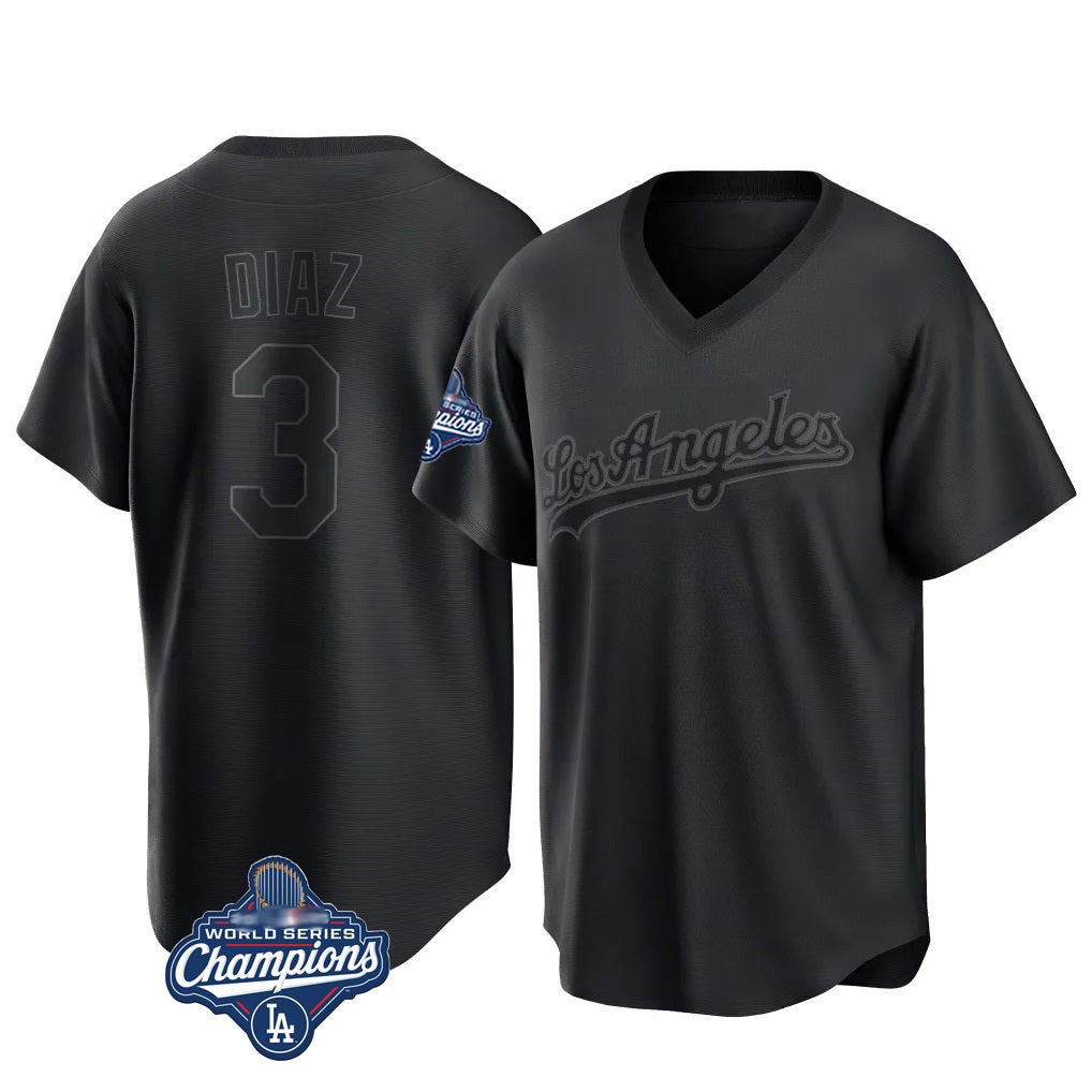 Los Angeles Dodgers #3 Edwin D¨ªaz Player Black CONTON World Series Meet Pitch Fashion T-shirt Stitched Jerseys
