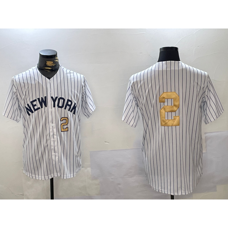 New York Yankees #2 Derek Jeter White CONTON Pinstripe Without Name Fashion Cool Base Jerseys