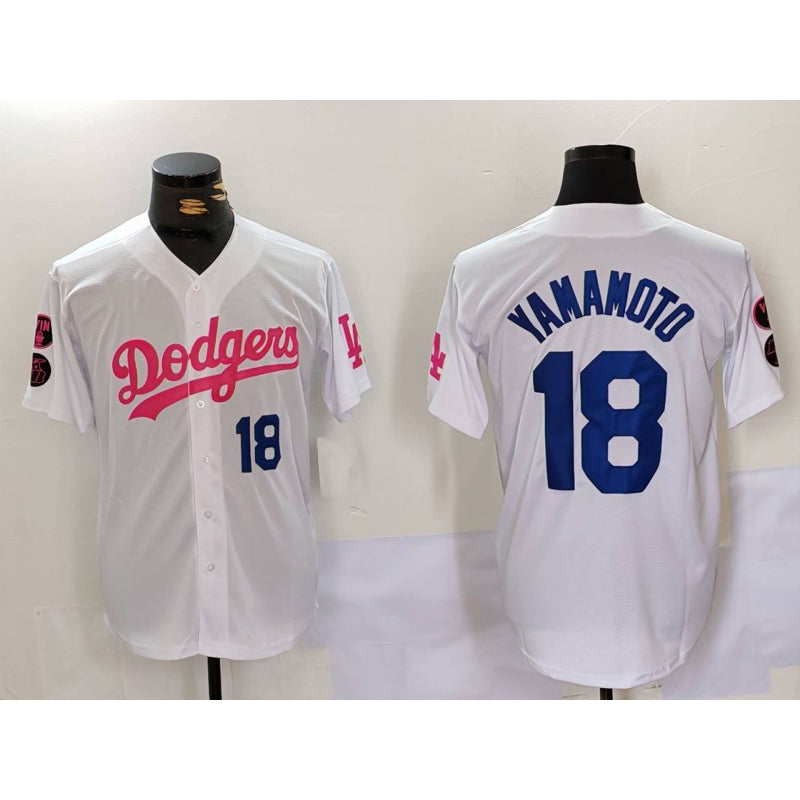Los Angeles Dodgers #18 Yoshinobu Yamamoto White Pink CONTON Vin & Kobe Patch Stitched Jersey 2