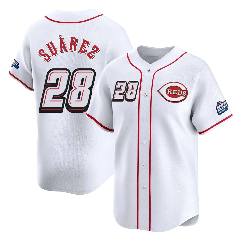 Cincinnati Reds #28 Eugenio Su¨¢rez Player White CONTON Speedway Classic Home Limited Stitched Jerseys