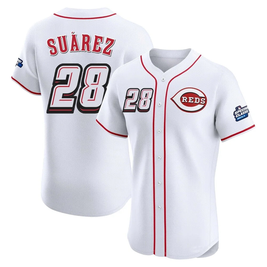 Cincinnati Reds #28 Eugenio Su¨¢rez Player White CONTON Speedway Classic Limited Elite Home Stitched Jerseys