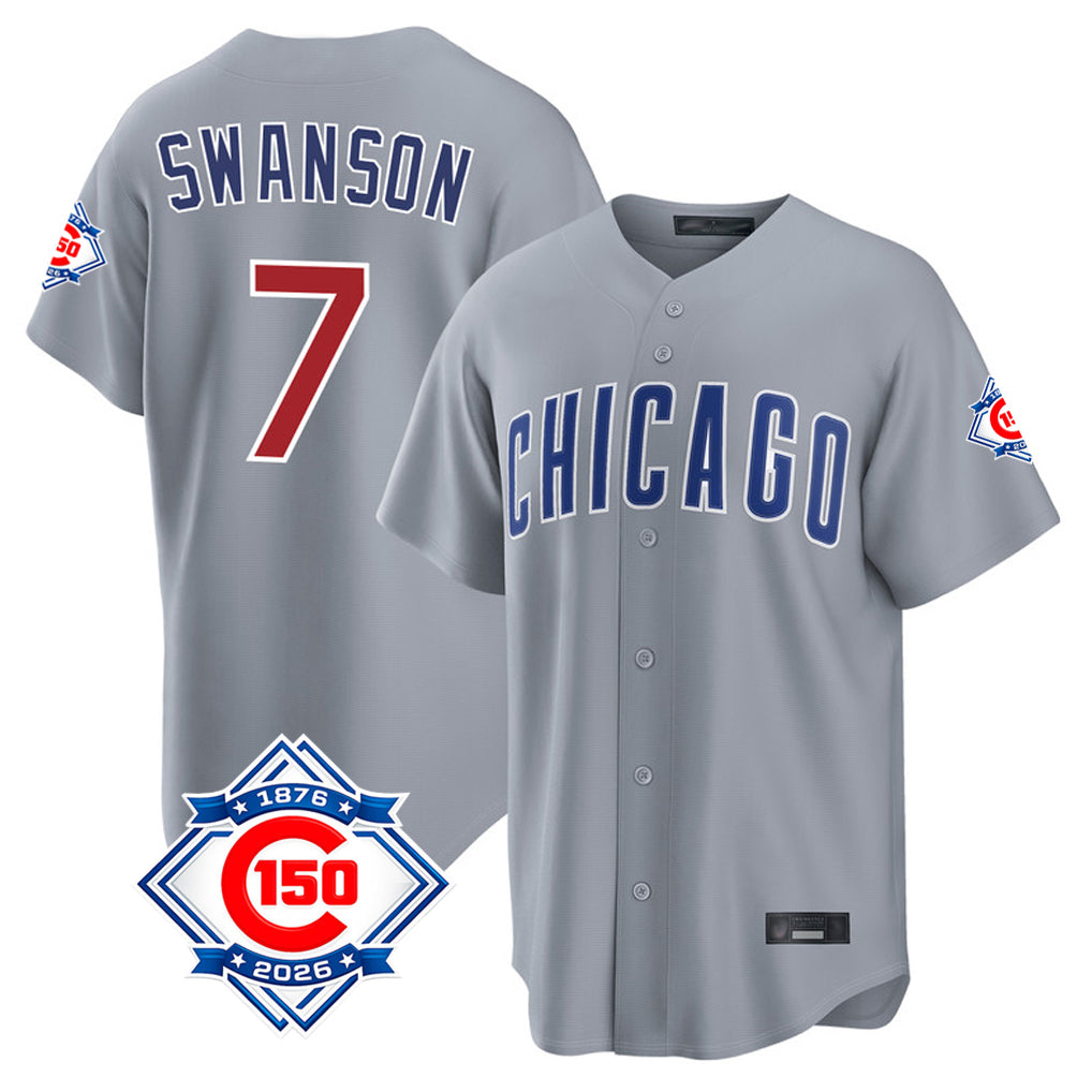 Chicago Cubs #7 Dansby Swanson Player Gray CONTON 150th Anniversary Home Game Stitched Jerseys