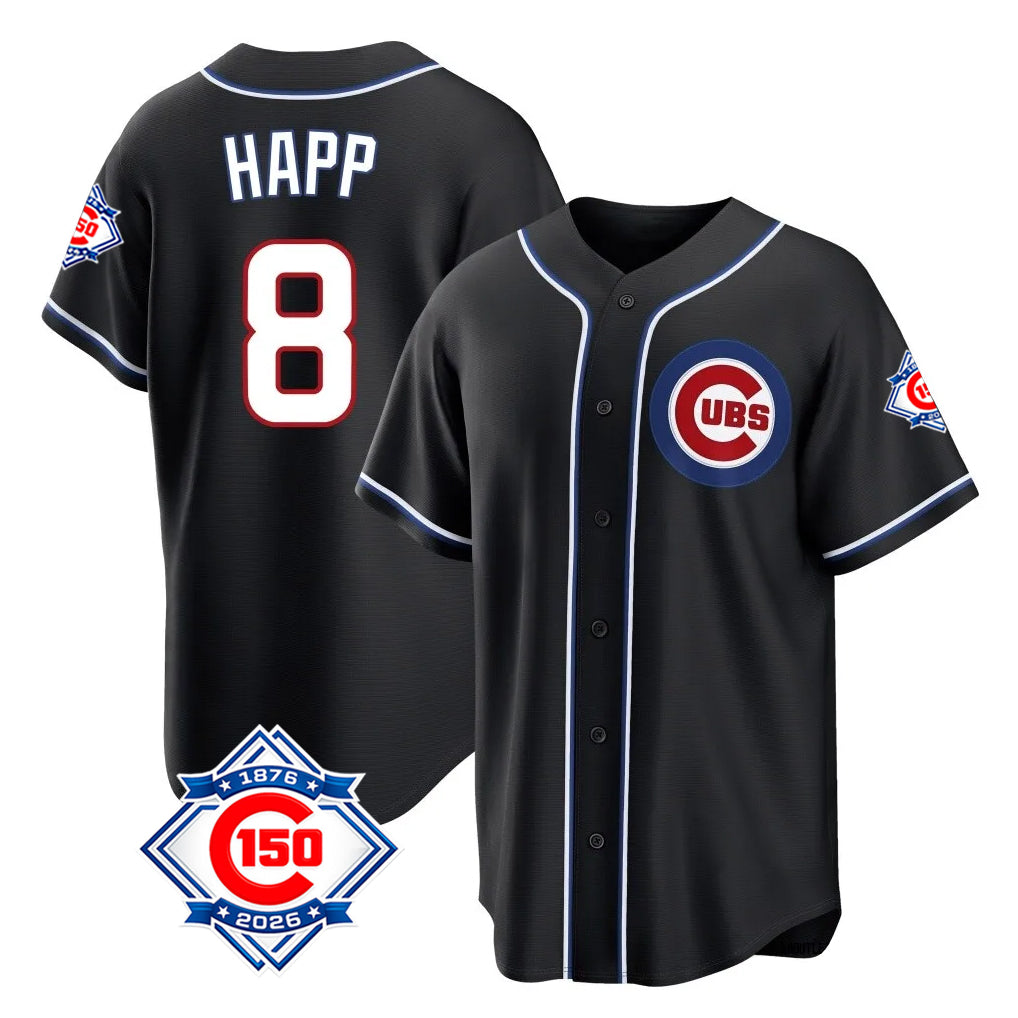 Chicago Cubs #8 Ian Happ Player Black CONTON Fashion Out 150th Anniversary Game Stitched Jerseys
