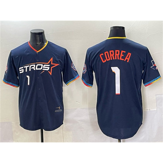 Houston Astros #1 Carlos Correa Navy CONTON 2025 City Connect With Texas Patch Limited Stitched Jersey