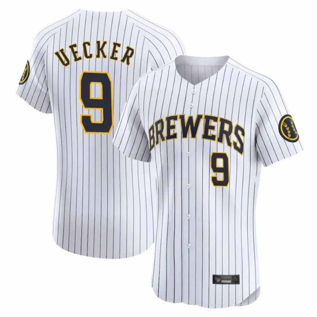 Milwaukee Brewers #9 Bob Uecker Player White CONTON Stripes Home Limited Elite Stitched Jerseys