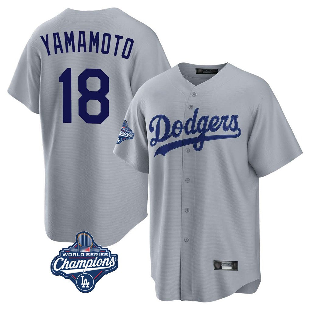 Los Angeles Dodgers #18 Yoshinobu Yamamoto Player Gray CONTON World Series Meet Game Stitched Jerseys