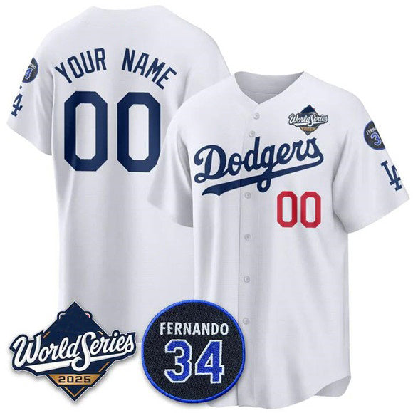 Custom Los Angeles Dodgers ACTIVE PLAYER White CONTON 2025 World Series With No. 34 Patch Limited Stitched Jersey