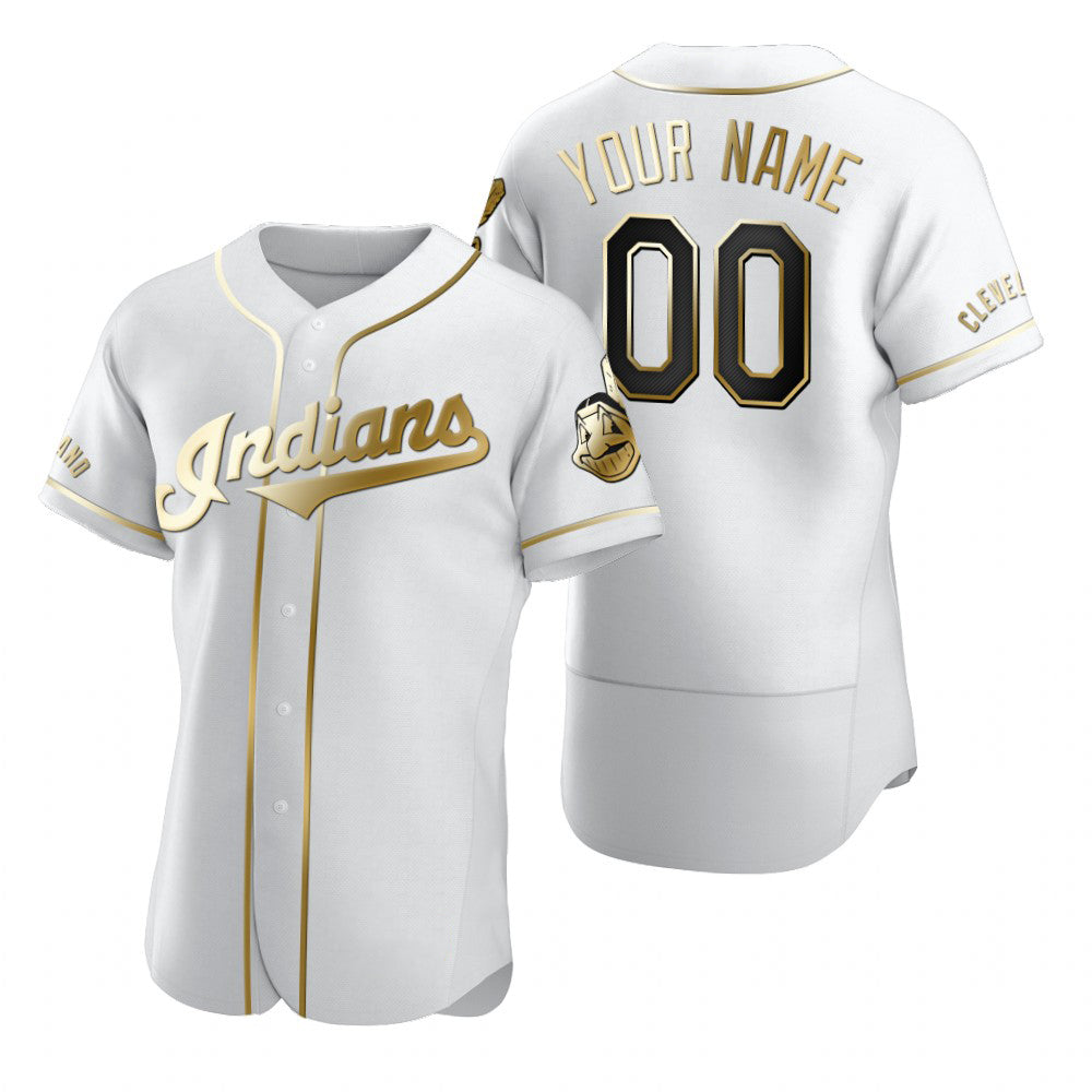 Custom Cleveland Indians White CONTON Stitched Flex Base Golden Edition Jersey
