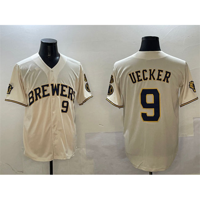 Milwaukee Brewers #9 Bob Uecker Cream CONTON With Home Patch Limited Stitched Baseball Jersey
