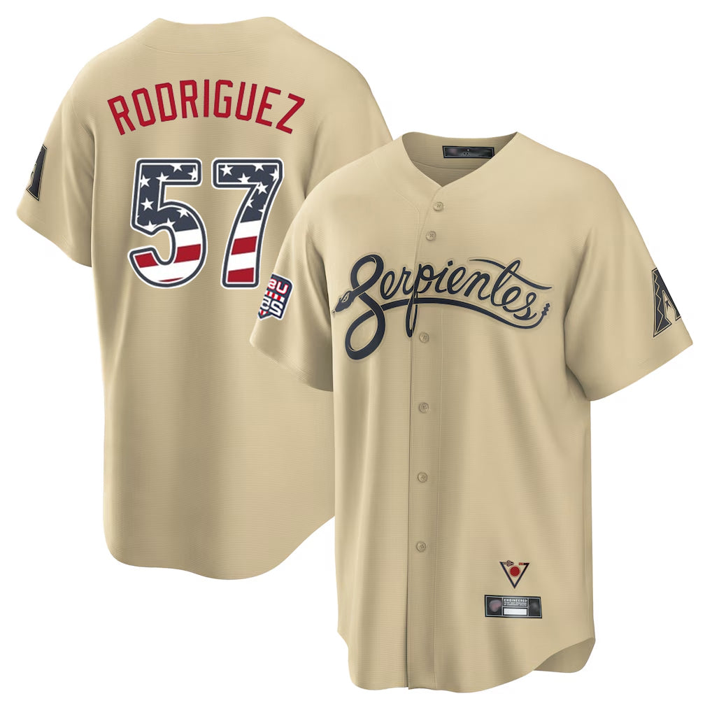 Arizona Diamondbacks #57 Eduardo Rodriguez Player Tan CONTON USA 250 Fourth of July Home Game Stitched Jerseys
