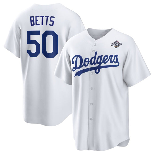 Los Angeles Dodgers #50 Mookie Betts White CONTON 2025 World Series Home Cool Base Stitched Jersey