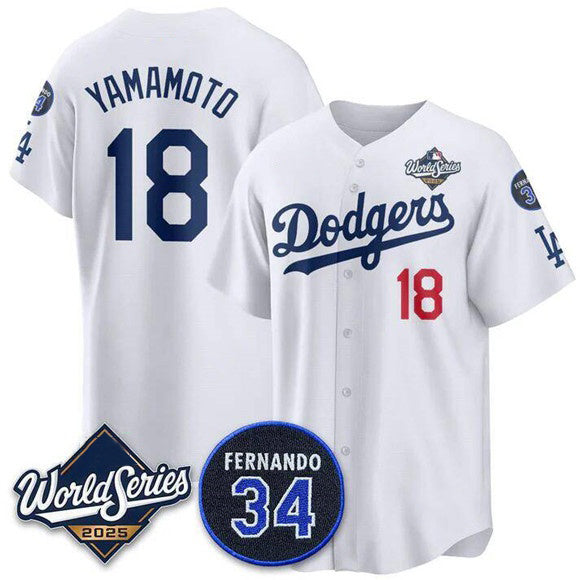Los Angeles Dodgers #18 Yoshinobu Yamamoto White CONTON 2025 World Series With No. 34 Patch Limited Stitched Jersey