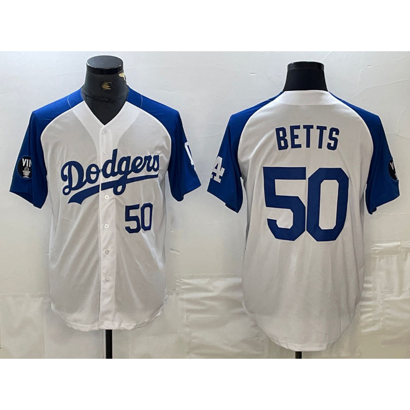 Los Angeles Dodgers #50 Mookie Betts Number White Blue CONTON Fashion Stitched Cool Base Limited Jersey 2