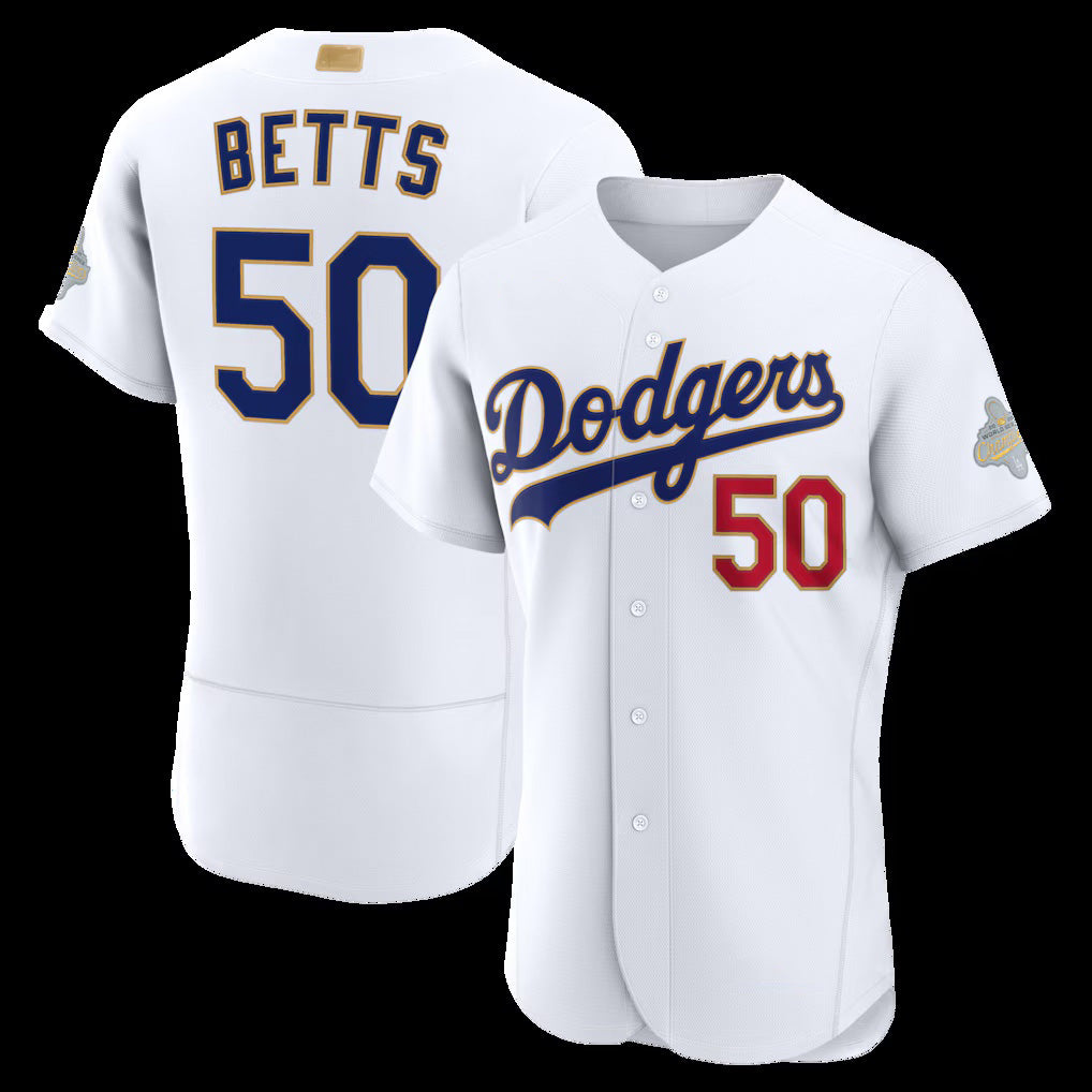 Los Angeles Dodgers #50 Mookie Betts White CONTON 2026 Gold Collection Authentic Jersey