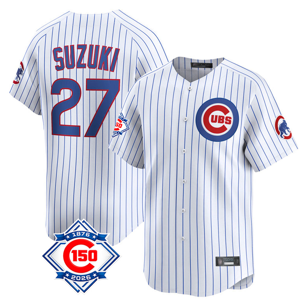 Chicago Cubs #27 Seiya Suzuki Player White CONTON 150th Anniversary Limited Home Game Stitched Jerseys