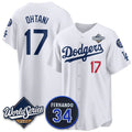 Los Angeles Dodgers #17 Shohei Ohtani White CONTON 2025 World Series With No. 34 Patch Limited Stitched Jersey