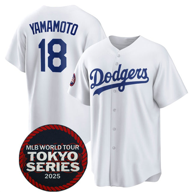 Los Angeles Dodgers #18 Yoshinobu Yamamoto White CONTON 2025 World Tour Tokyo Series Home Stitched Jersey