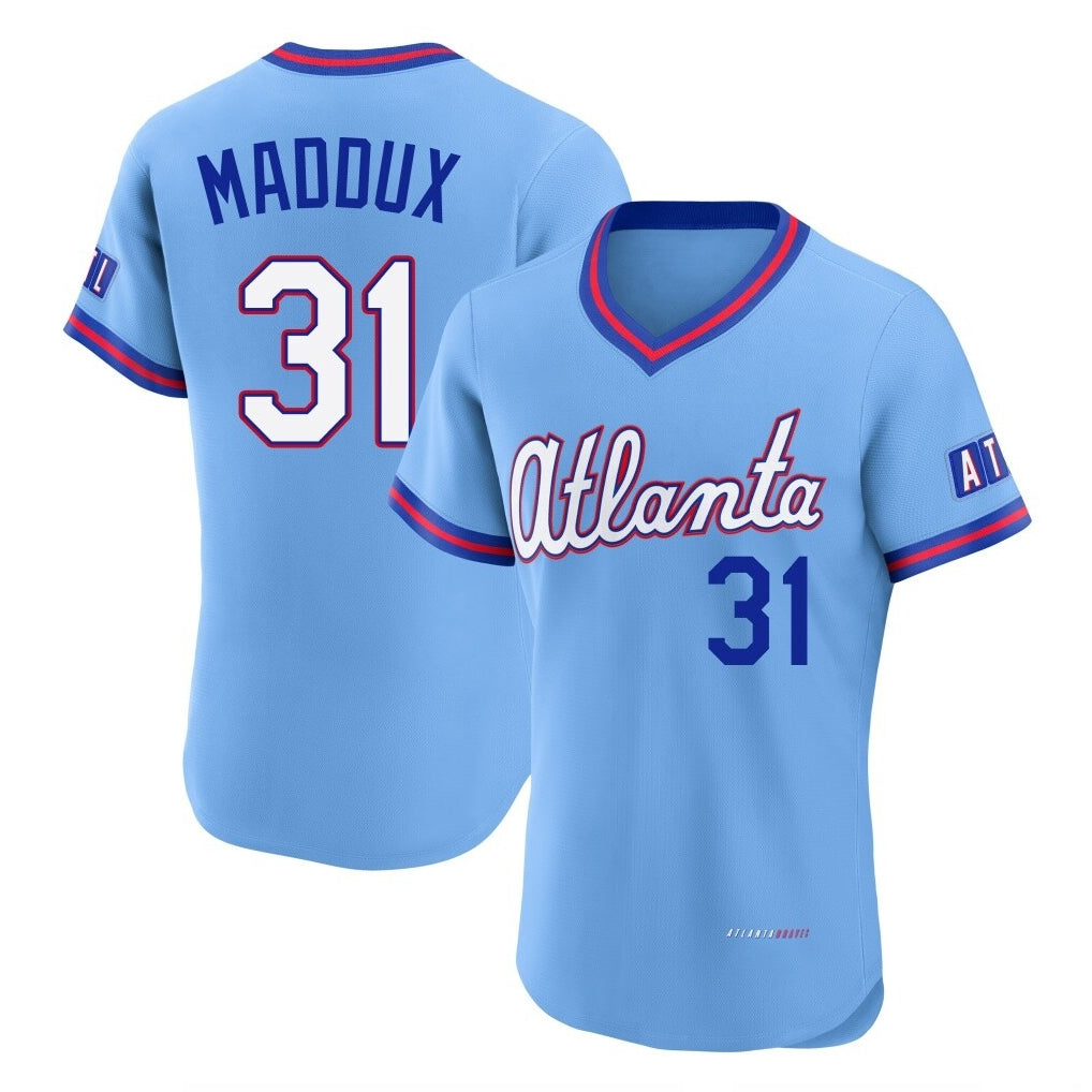 Atlanta Braves #31 Greg Maddux Player Powder Blue CONTON 2026 City Connect T-shirt Limited Elite Home Game Stitched Jerseys