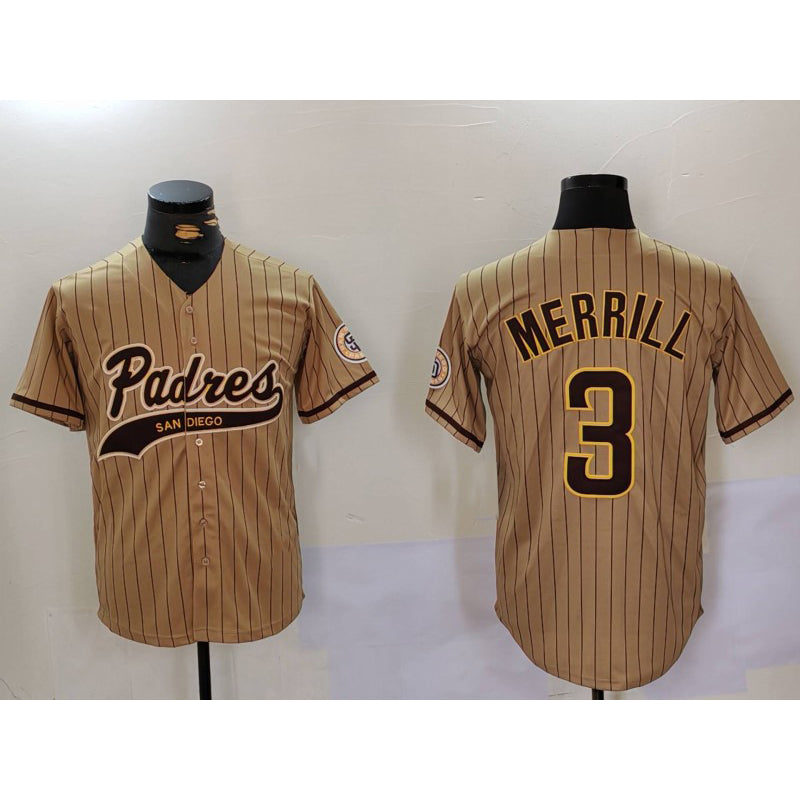 San Diego Padres #3 Jackson Merrill Tan CONTON 2023 Cool Base Stitched Jersey 2