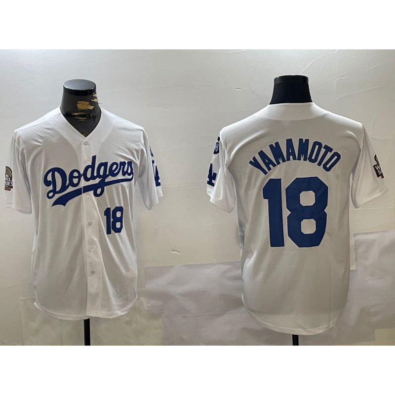 Los Angeles Dodgers #18 Yoshinobu Yamamoto White CONTON 2024 World Series With Fernando Memorial Patch Home Limited Stitched Jersey 2