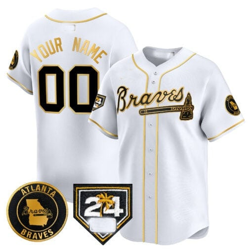 Custom Atlanta Braves 2024 Spring Training Patch Vapor Premier Limited Jersey ¨C White Gold CONTON