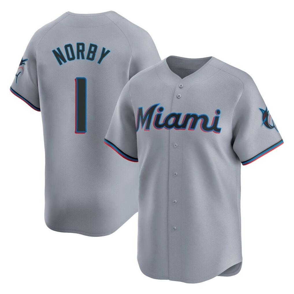 Miami Marlins #1 Connor Norby Player Gray CONTON Home Limited Stitched Jerseys