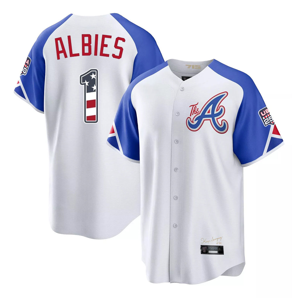 Atlanta Braves #1 Ozzie Albies Player White CONTON USA 250 Fourth Of July City Connect Home Game Stitched Jerseys