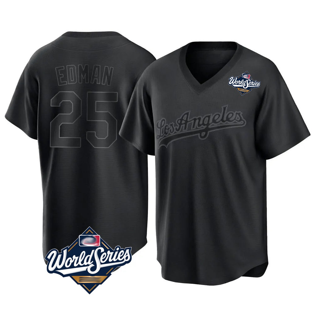 Los Angeles Dodgers #25 Tommy Edman Player Black CONTON World Series Pitch Fashion T-shirt Stitched Jerseys
