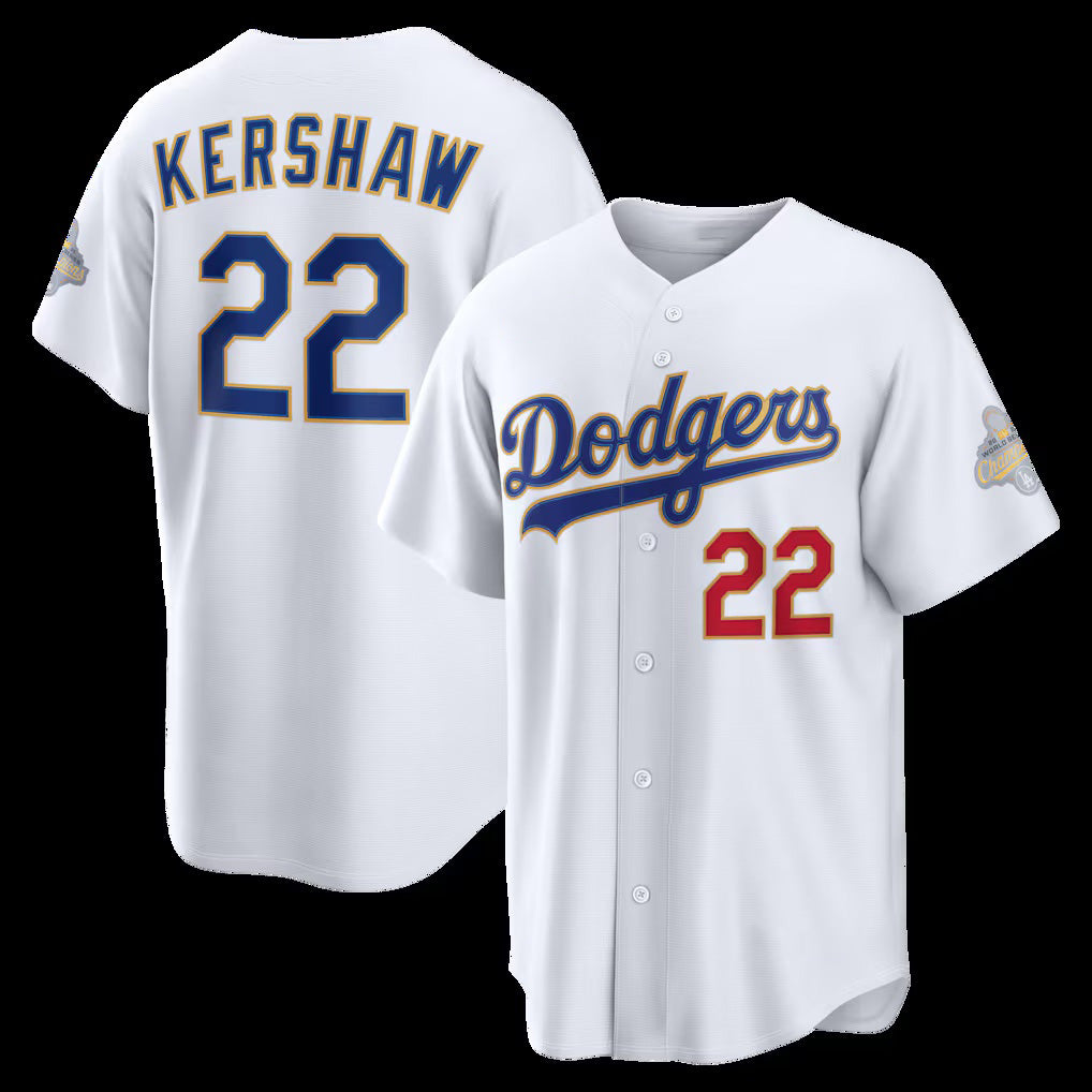 Los Angeles Dodgers #22 Clayton Kershaw White CONTON 2026 Gold Collection Stadium Jersey