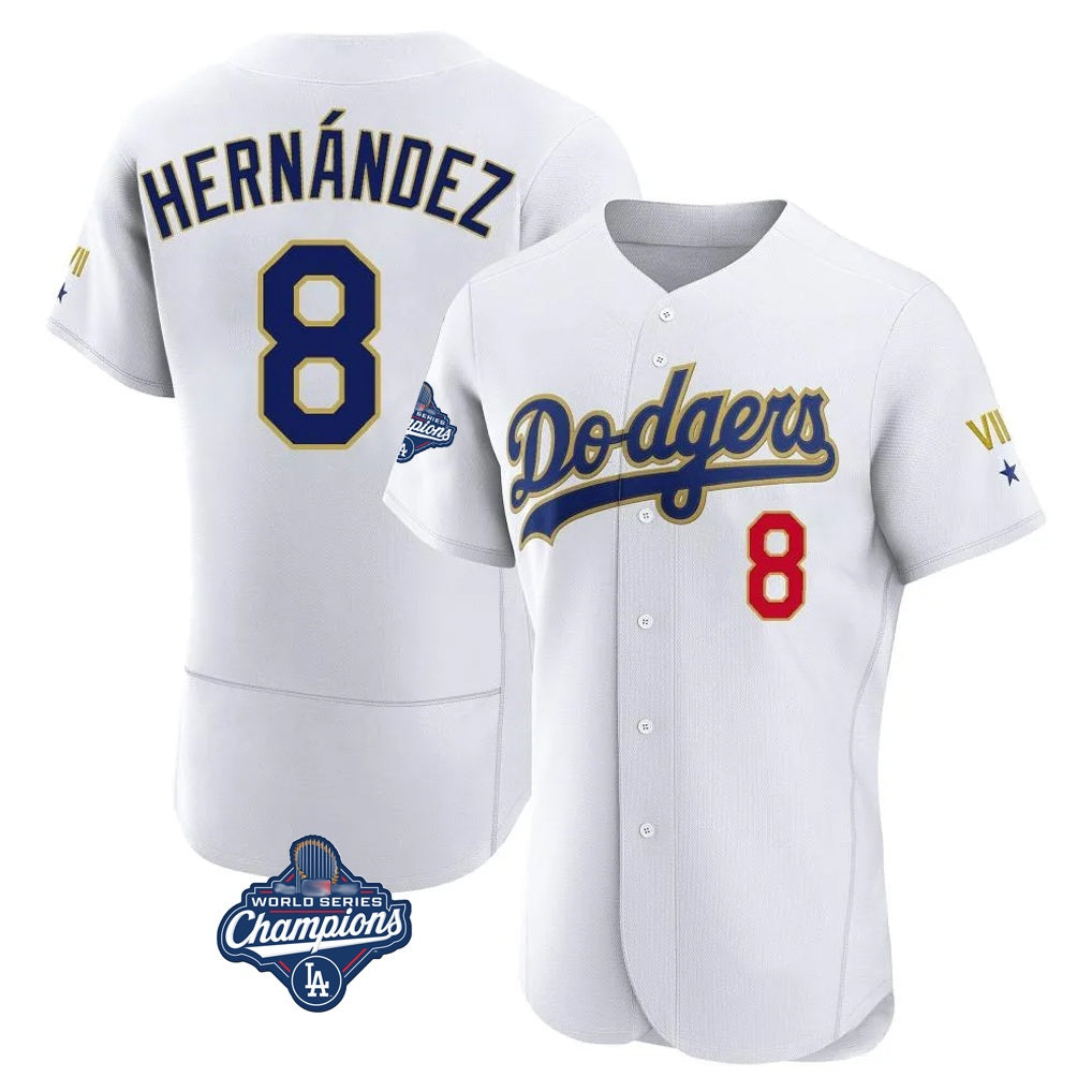 Los Angeles Dodgers #8 Enrique Hern¨¢ndez Player Gold White CONTON World Series Meet 2026 Collection Stadium Limited Elite Stitched Jerseys
