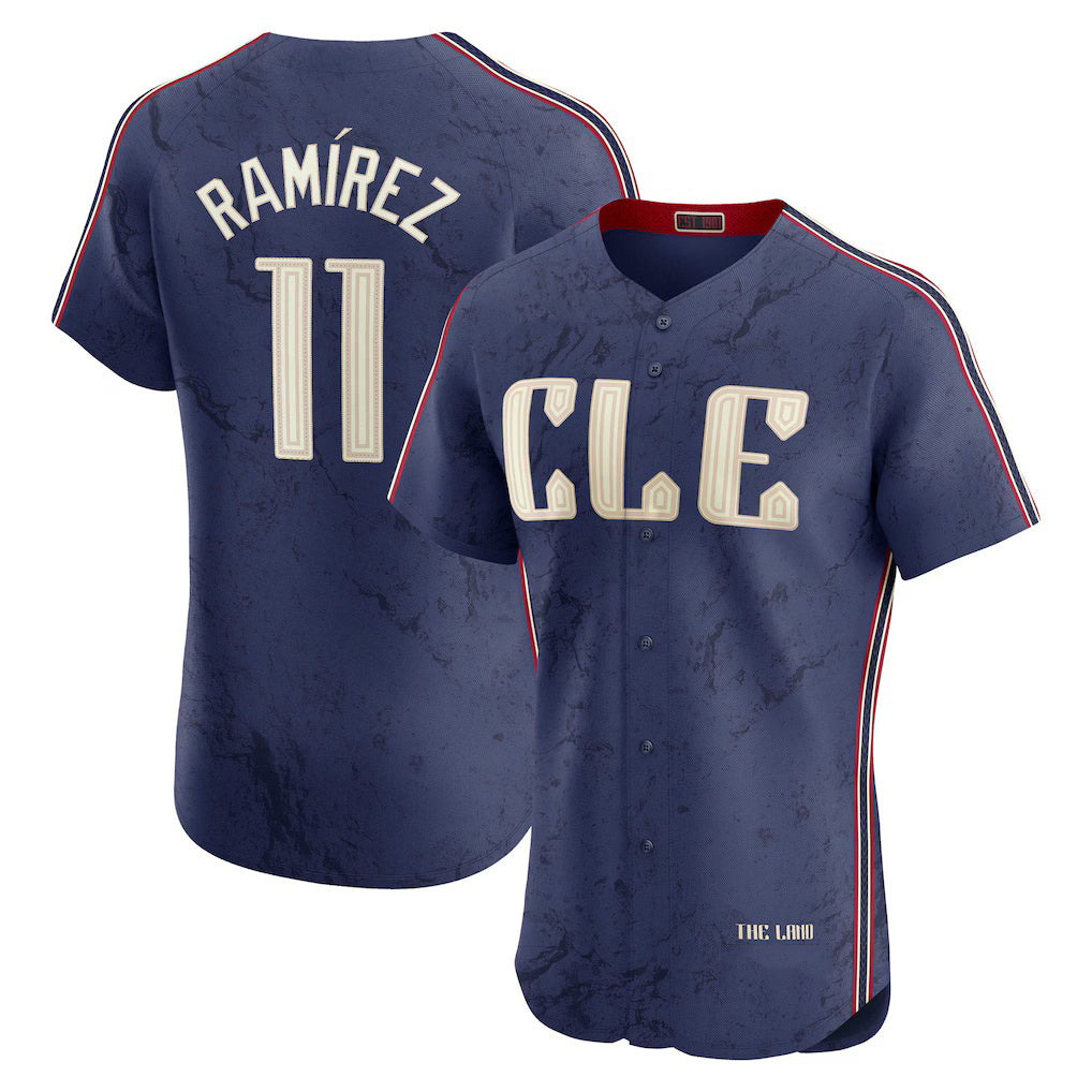 Cleveland Guardians #11 Jos¨¦ Ram¨ªrez Navy CONTON City Connect Elite Jersey