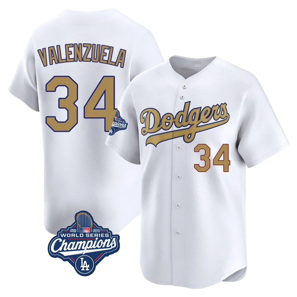 Los Angeles Dodgers #34 Fernando Valenzuela Player White Gold CONTON World Series Meet Collection Limited Home Stitched Jerseys