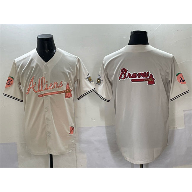 Atlanta Braves Team Big Logo Cream CONTON 2024 Atliens & Peach With Outkast Patch Vapor Limited Stitched Jersey