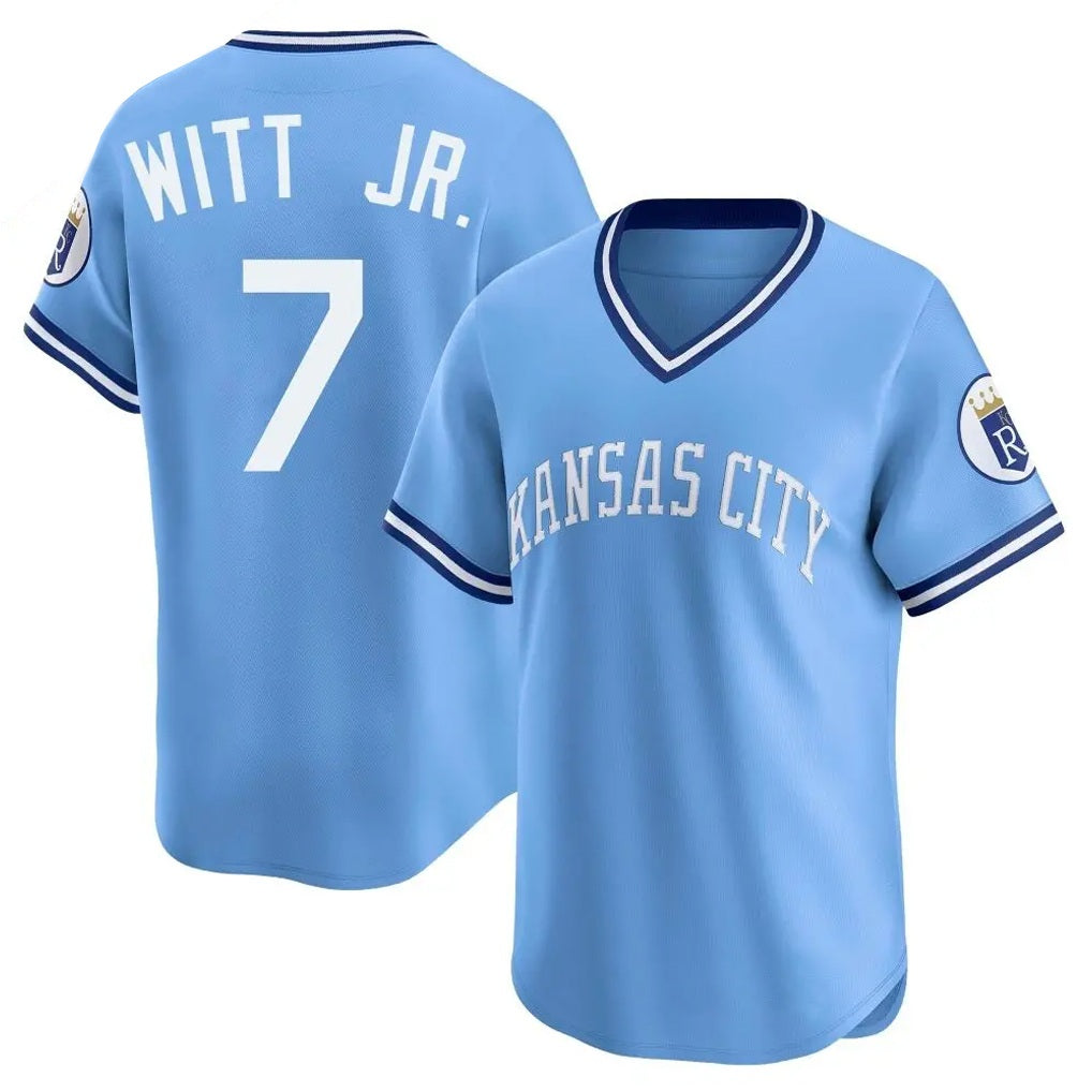 Kansas City Royals #7 Bobby Witt Jr. Player Light Blue CONTON Limited Throwback Cooperstown Collection T-shirt Stitched Jerseys