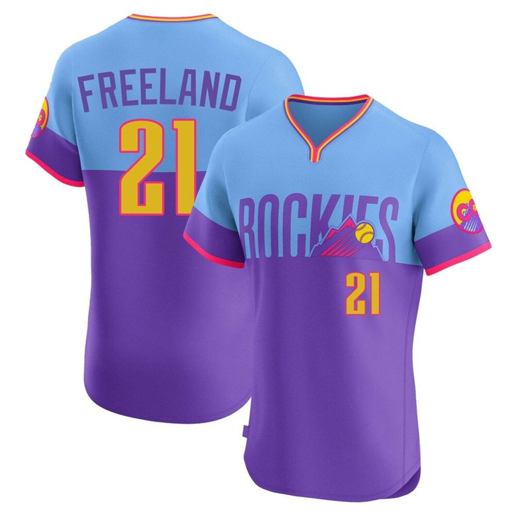Colorado Rockies #21 Kyle Freeland Player Purple-Light Blue CONTON City Connect Limited Elite Home T-shirt Stitched Jerseys