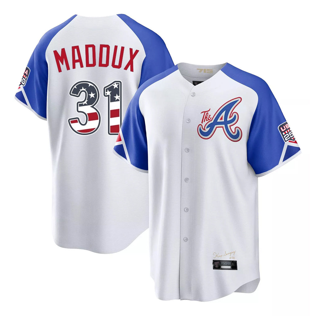 Atlanta Braves #31 Greg Maddux Player White CONTON USA 250 Fourth Of July City Connect Home Game Stitched Jerseys