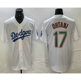Los Angeles Dodgers #17 Shohei Ohtani White Green CONTON Stitched Cool Base Jerseys