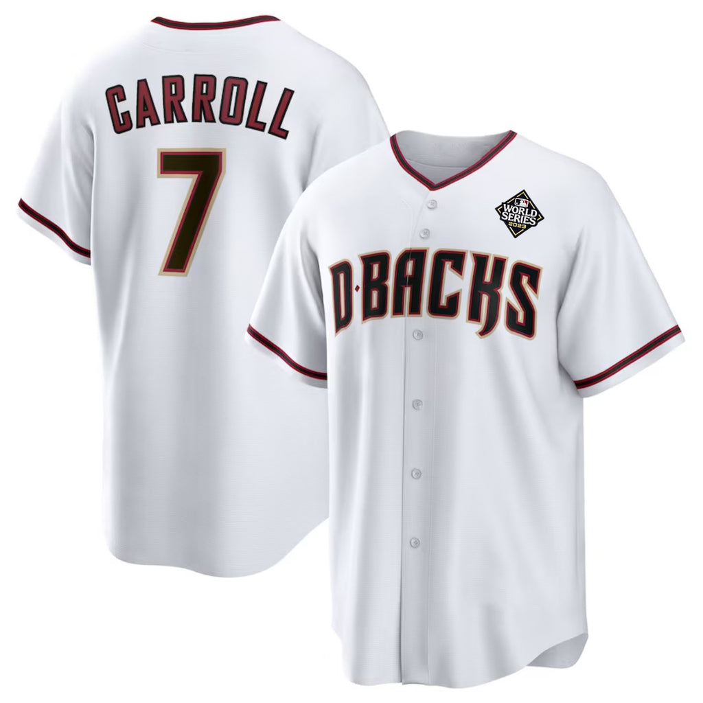 Arizona Diamondbacks #7 Corbin Carroll White CONTON 2023 World Series Cool Base Stitched Jersey 2