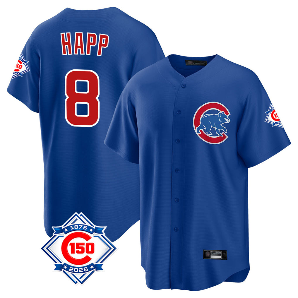 Chicago Cubs #8 Ian Happ Player Royal CONTON 150th Anniversary Home Game Stitched Jerseys