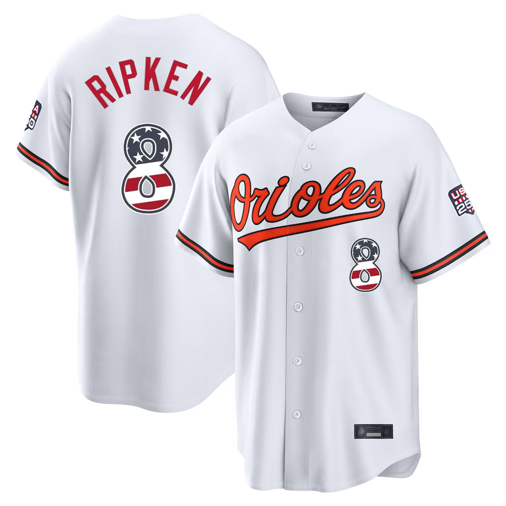 Baltimore Orioles #8 Cal Ripken Player White CONTON USA 250 Fourth of July Home Game Stitched Jerseys