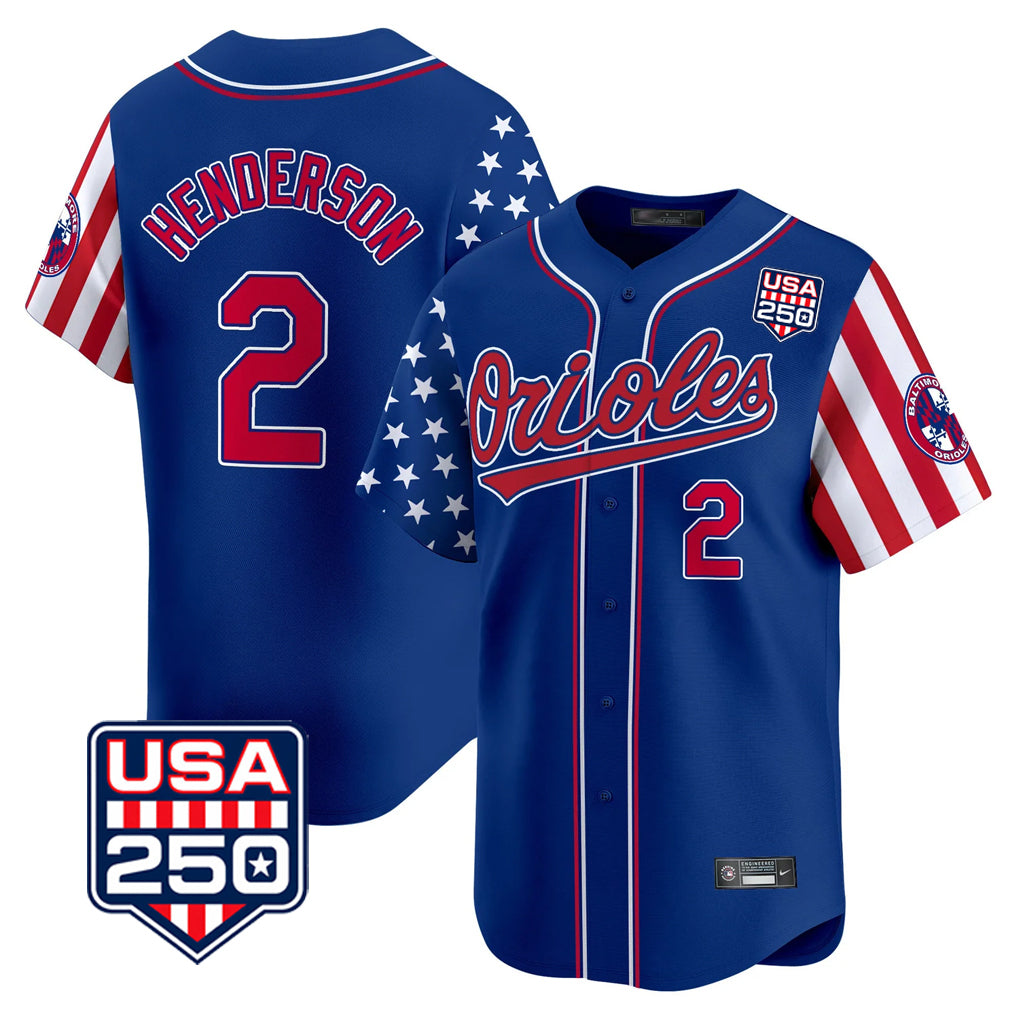 Baltimore Orioles #2 Gunnar Henderson Player Royal CONTON USA 250 Independence Day Vapor Premier Limited Home Game Stitched Jerseys